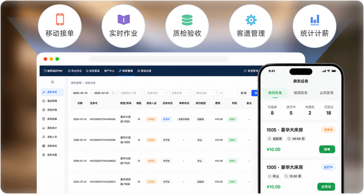 酒店房务协同与移动作业功能界面